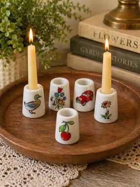 Vintage 1970s Mini Candle Holders Set of 5 Porcelain Whimsical Retro Decor